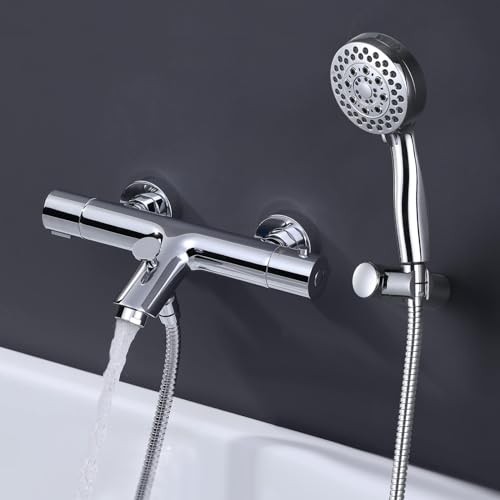 iVIGA Badewannenarmatur mit Handbrause 5 Funktionen, Badewannenarmatur mit Thermostat aus Kupfer mit 38℃ Verbrühschutz für Badewanne Bad inkl. Wandhalterung und 150cm Brauseschlauch aus Edelstahl