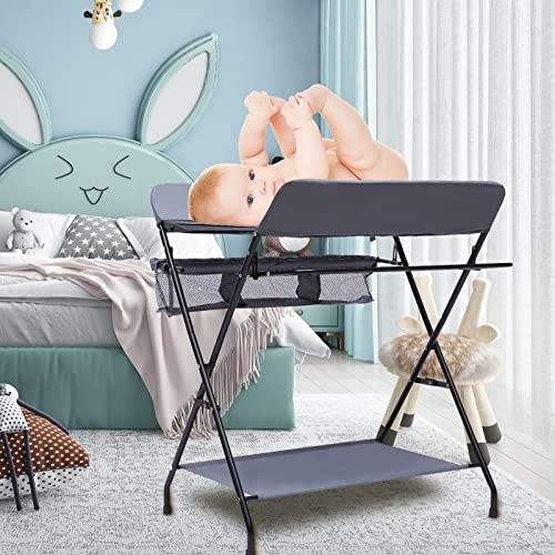 Wickelkombi, Mobiler Wickeltisch Wickelkommode Wickelauflage, Wickelkommode Wickeltisch Klappbar Baby Wickelauflage mit Sicherheitsgurt und Ablagefächern, platzsparend und stabil (Grau ohne Räder)