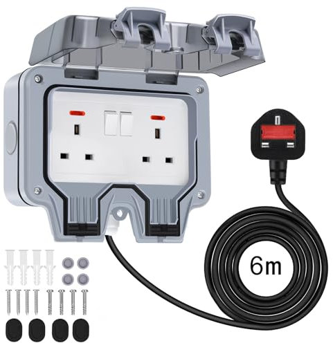 Powerole Double Outdoor Socket with 6M Waterproof Extension Lead, Outdoor Plug Sockets Waterproof IP66 13Amp 2 Gang Switched Socket Cover, Outdoor Weatherproof Wall Plug Socket Box