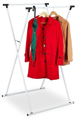 Relaxdays Portant à vêtements Extensible, HxLxP : 139x135x95 cm, 2 tringles, pour l’entrée, Valet Pliable, métal, Blanc