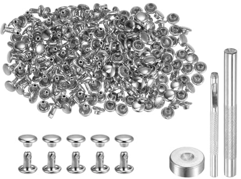 QUARKZMAN Leder Nieten 100 Set Metallniete Doppelkappe 6mm x 6mm Röhrenförmige Hohlnieten Lochzange mit 3 Werkzeug Nietenzange für DIY Handwerk Gürtel Reperatur Dekoration, Silber