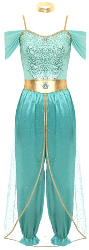 Jugaoge Damen Bauchtanz Kostüm Schulterfrei Jumpsuit Pailletten Overall mit Pumphose Glitzer Tüll Baggy Pants Einteiler Lang mit Choker Prinzessin Cosplay Outfits Türkis L