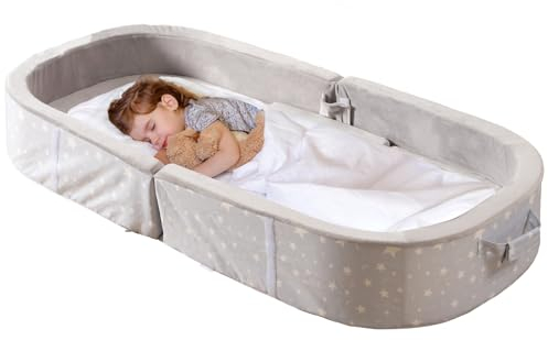 BYBYME Tragbares, wasserdichtes Kinderbett, Bodenbett, Kleinkind, Reisebett mit Matratze, waschbares Spannbettlaken, faltbares Reisebett für Camping, Hellgrau