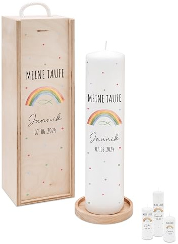 Bärenfreunde® - Personalisierte Taufkerze mit Spezial-Druck (M, L, XL) - ohne Ruß-Bildung - mit Holzkiste oder Untersetzer - Taufe Geschenk, Geschenk zur Geburt (M Kerze)