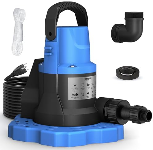Acopair 1 HP Automatic Swimming Pool Cover Pump, 5000 GPH 115V Submersible Pump with 3/4” Check Valve Adapter & 26ft Power Cord, Water Removal for Pool, Hot Tubs, Rooftops, Water Beds and more