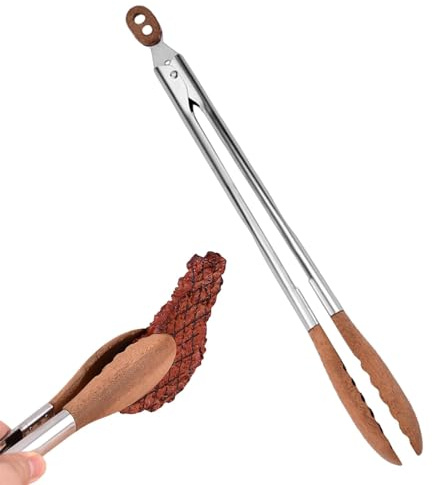 Jlobnyiun Küchenzange, Salat-Servierzange, rutschfeste Zange, mit Loch, Brotgurken, Nudelzange für Küche, BBQ, Salat, Toaster, Grill, Camping, Edelstahl und Holz, Brown, 1 Stück, ca. 38 x 4 x 4 cm