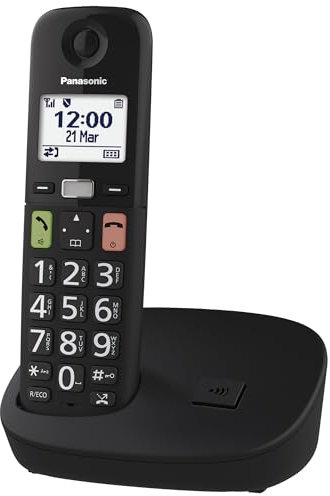 Panasonic KX-TGU110EXB - Telefono digitale senza fili con segreteria telefonica, unità base e 1 combinato, schermo LCD, tasti grandi, chiamata preferita, compatibile con apparecchi acustici, nero