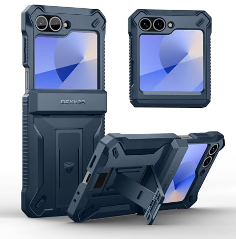 Dexnor Custodia per Samsung Galaxy Z Flip 6 con Stand & Protezione Cerniera & Protezione dello Schermo Anteriore, Antiurtotutto Protettiva Resistente Doppio Strato Custodia Case - Blu Marino