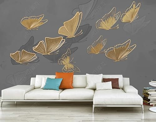 Vlies Tapeten Wandtapete Goldener Schmetterling, grauer Hintergrund Wandbild Wohnzimmer Wanddekoration Fototapete 3D Tapete Effekt 200x140CM