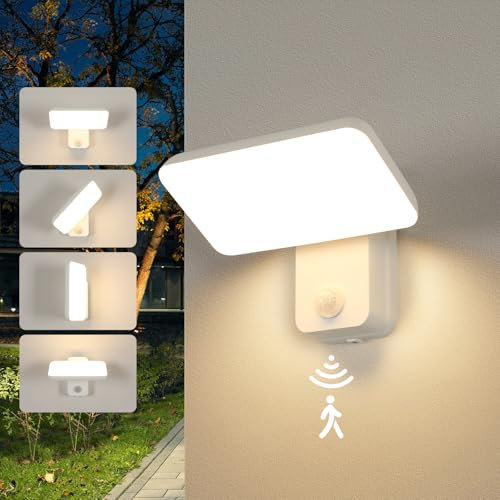 Toolight Aplique Pared Exterior con Sensor de Movimiento, 16W 1800LM Lámpara de Pared LED IP65, Rotación 360°, Luz de Pare para Entrada Terraza Pasillo Patio Jardín Camino, Luz Cálida 3000K, Blanco