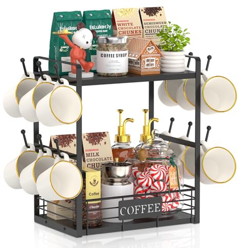 EsLuker.ly 2 Etagen Tassenhalter Stand für Arbeitsplatte, 12 Haken Tassenregal Wand mit Aufbewahrungskorb, Metall Holz Tassenständer Tassen Organizer für Kaffeebar Küche, Schwarz