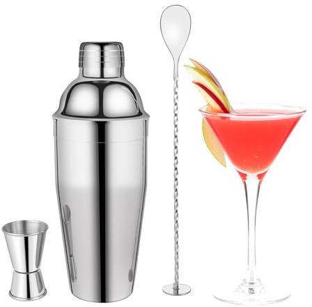 Lot de 3 shakers à cocktail en acier inoxydable - 750 ml - Avec passoire intégrée, verre doseur et cuillère à mélanger - Accessoire de barman professionnel pour la maison, le bar, la fête