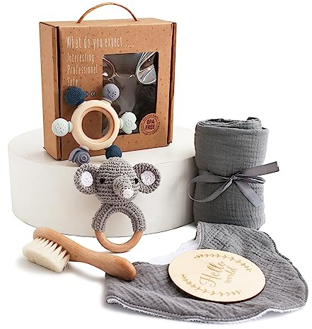 WOODEN TEETHER baby gåva pojkar, nyfödda gåva till födseln baby shower gåva trä leksaker greppleksak badhandduk milstolpe babyfilt fotorekvisita (elefanter)