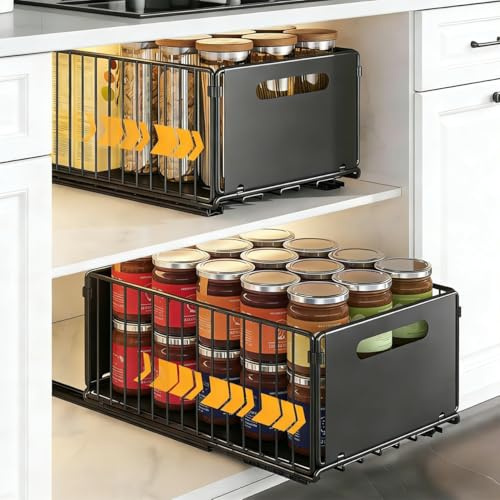 SHTALHST Pull Out Cabinet Organiser, 2PCS Kitchen Cupboard Organiser Pull Out, Slide Out Drawers for Kitchen Cabinets, Adhesive Rails No Drill