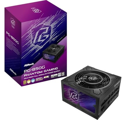 Fuente ALIMENTACION ASROCK PG-850G,PSU,850W,80 Plus Gold/A,135MM,Modular,PCI-E 5.1 (12+4pin) x1,PCI-E (6+2 Pin) x3,SATA (5 Pin) x9