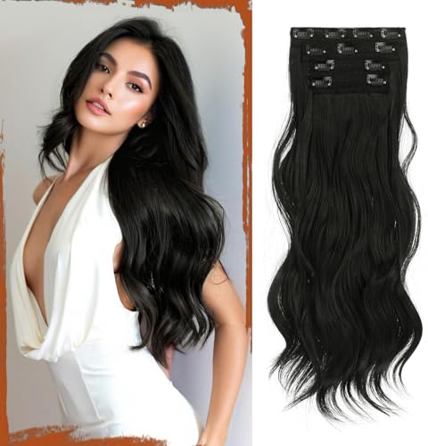 Sofeiyan Clip in Extensions, 4PCS 50 cm Lange Gewellte Haarverlängerungen für Frauen Natürlich Wellig Schwarz Weiche Synthetische Clip in Haarteile für Tägliche Party