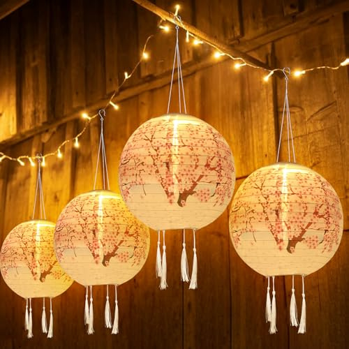 SPEPROECO Solar Lanterns LED Solar Garden Light Nylon Cloth Chinese Hanging Lanterns Waterproof Japanese Lantern Cherry Blossom Traditional Chinese Lamp for Outdoor Wedding Party Decoration