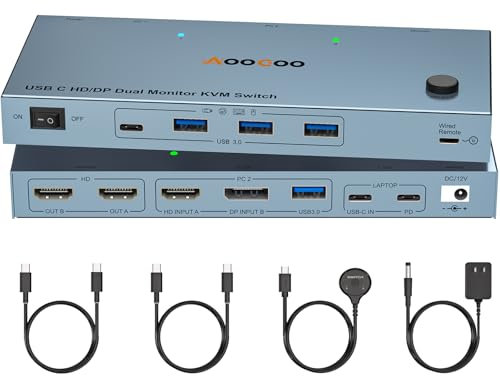 USB C KVM Switch 4K@60Hz,Dual Monitor USB C HDMI DP KVM Switch for 1 PC and 1 Laptop Sharing 2 Monitor and 4 USB3.0 Devices, PD Power for Laptop with Wired Remote Control and USB Cables Included