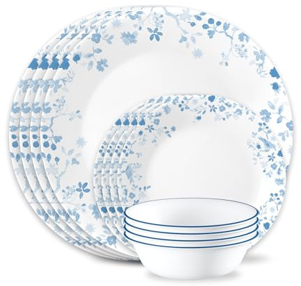 Corelle 12-Piece Vitrelle Glass Garden Song Chip and Break Resistant Dinner Set, Service for 4, Blue