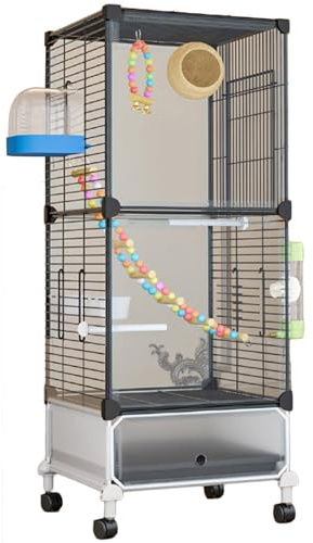 38in Large Bird Cage Parakeet Cage with Rolling Stand, Outdoor Double-Layer Cockatiel Bird Aviary with Tray, Iron Flight Bird Cage for Budgies, Finches, Quaker(Black Transparent)