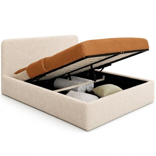IDMarket - Lit Coffre Double Bradford 140 x 190 cm Tissu Bouclette | Avec tête de lit et sommier