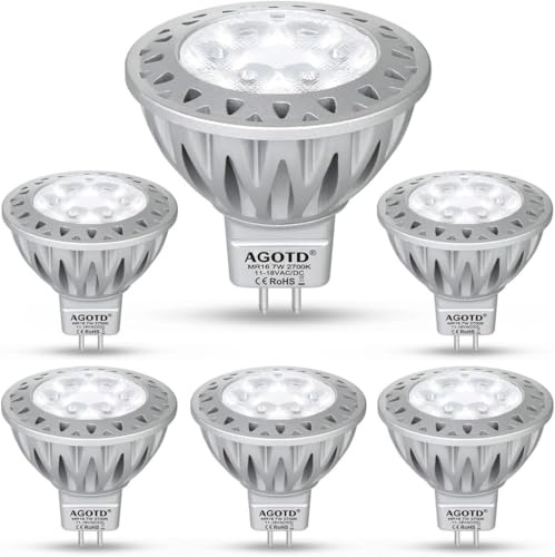AGOTD LED-glödlampa MR16 GU5.3 7W, varmvit 2 700 K, 12 V, ersätter 50 W halogen, aluminium, 38° strålvinkel, inte dimbar, 6 st