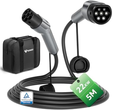 GONEO Cable de Carga Tipo 2 22kW 32A 5M, Modo 3 Cable Carga para Coche Eléctrico con Bolsa,IP54 Impermeable,Compatible con Tesla,Kia,BYD,Renault,MG,Volkswagen,etc