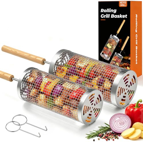 KEYO Panier Gril Roulant- 2 PCS Accessoires BBQ avec Poignée Bois Amovible | Grille à Légumes Gigogne en Acier Inoxydable 304 avec 2 Ouvre-Paniers, Cadeau Surprise pour Hommes, pour les légumes etc.