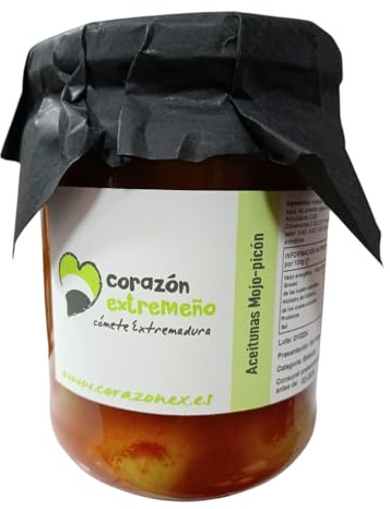 Aceitunas Aliñadas Mojo-Picón Corazón Extremeño 220 g | Aceitunas Gourmet de Extremadura | Aperitivo Tradicional Español | Ideal para Tapas, Picoteo y Aperitivos