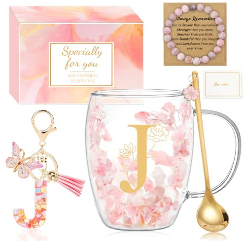 MOTONG Birthday Gifts for Women Glass Coffee Mug, Double Wall Espresso Tea Cups with Letter J Printing, Personalised Gifts for Women Ladies Christmas Valentine's Day Mother's Day with Spoon Bracelet