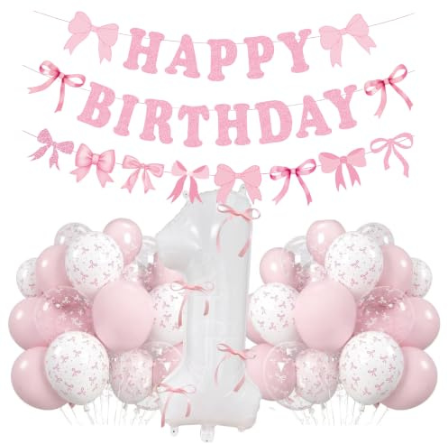 Lot de 50 nœuds roses décoratifs pour 1er anniversaire, ballons roses et blancs, décoration d'anniversaire 1 an, guirlande Happy Birthday, bannière, nœud en latex, ballons pour anniversaire de 1 an