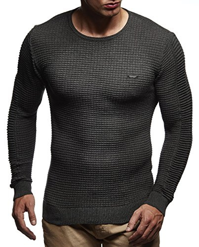 Leif Nelson Stickad tröja för herr rund hals – tunn herr stickad tröja för vinter och sommar – cool crewneck män tröja med rund krage, antracit, XL