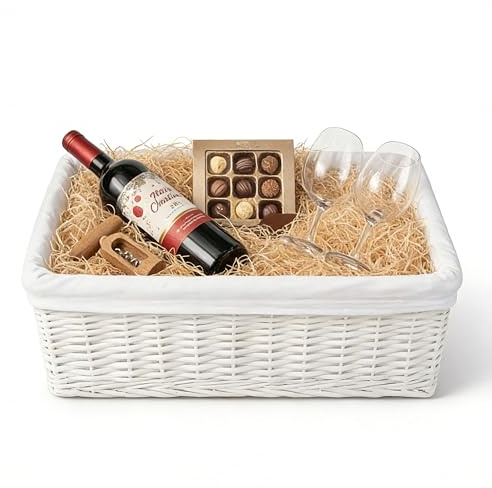 H-LINE Wicker Willow Storage Basket with Cloth Lining Ideal for Christmas/Easter/Newborn Gift Hamper, Make Your Own Hamper (White, Large)