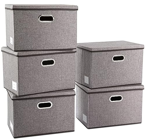 PRANDOM Large Collapsible Storage Containers with Lids [5-Pack] Linen Fabric Foldable Storage Bins Boxes Organizer Baskets Cube with Cover for Home Bedroom Closet Office Nursery (17.7x11.8x11.8)