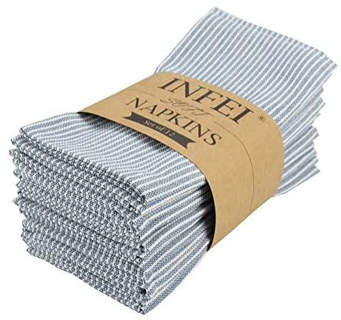 INFEI Narrow Striped Cotton Linen Blended Dinner Cloth Napkins - Set of 12 (40 x 30 cm) - for Events & Home Use (Blue)