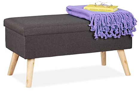 relaxdays Panca con Contenitore, Panchetta Imbottita Moderna, Gambe in Legno, Stoffa HLP 39 x 77 x 39 cm, Grigio Scuro