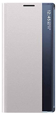 LEYAN Fodral för Samsung Galaxy S21 5G, Prime PU-läderfodral med klar display fönster, Flip Smart View-fodral med vikbar hållare, silver