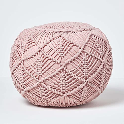 Homescapes Häkel-Pouf, rosa, rundes Bodenkissen 35 x 40 cm in Boho Style, dekorativer Fußhocker in Makramee-Optik, gehäkelter Puff aus 100% Baumwolle, Häkelpuff/Strickhocker, Hellrosa