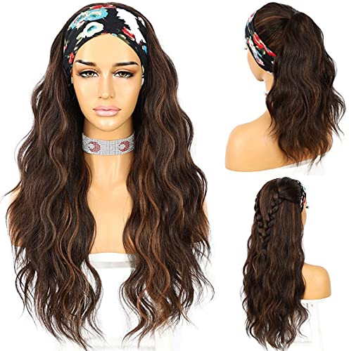 Sapphirewigs Body Wave Headband Wig Synthetic Long Wavy Wigs for Women Glueless Brown Hair Natural Looking 150% Density 26 inch