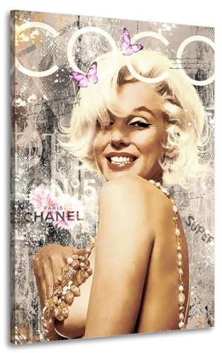 Kunstgestalten24 | Marilyn Monroe Pop Art Leinwand – Coco Style mit Schmetterlingen – Glamour Street Art Wandbild – Vintage Fashion Deko für Wohnzimmer, Ankleidezimmer | 60x90cm, 2cm Rahmentiefe