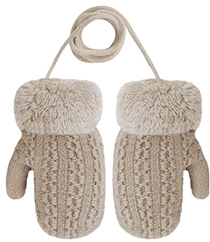 Cysocool Kinder Winter Fäustlinge Handschuhe mit Band 0-3 Jahre Baby Mädchen Jungen Dicke Strickhandschuh Warme Handschuhe mit Plüsch Kleinkinder Skihandschuhe Fäustel Fäustlinge,B-Khaki