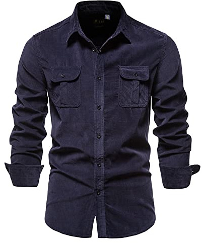 Camisas Hombre Camisas Ligeras Manga Larga Cuello Kent Camisas Informales Hombre Camisas Collar del Soporte Camisas Vintage con Botones Sport Slim Fit Hombre Shirt A-Navy M