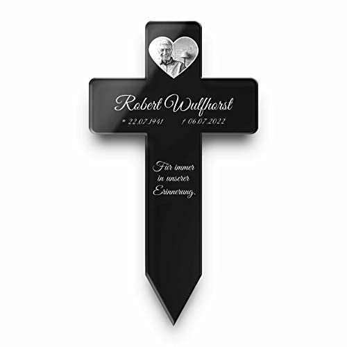Personalisiertes Grabkreuz mit Gravur aus Hochglanz Acrylglas - Grabstecker Kreuz als wetterfester Grabschmuck mit Gravur - Grabdeko für Urnengrab Grab - schöne Trauer Deko Friedhof (Mit Foto)