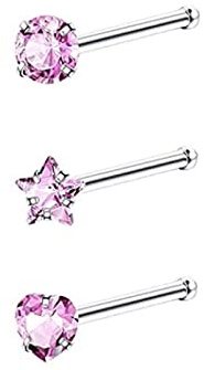 Homxi Nasenpiercing 3 Pcs,16 Gauge Nasenring 1.2mm Chirurgenstahl Zungenpiercing Herz Rund und Stern Zirkonia Zungenpiercings Set Bunt