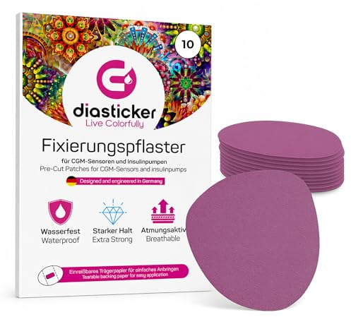 Diasticker® | Overpatch XL fixeringsplåster 8,5 cm (10 stycken, lila) – Freestyle Libre 2, Dexcom G6, Guardian, kateter | vattentät – andas – starkt grepp | lapp, fixering, tejp, plåster