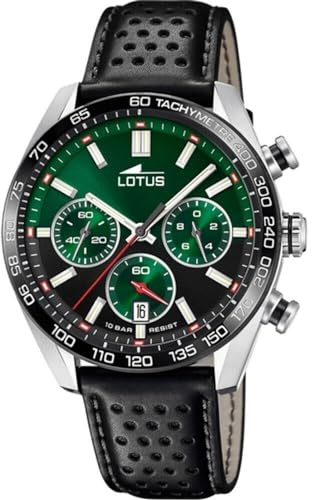 LOTUS Reloj Hombre Analógico de Cuero Negro | Movimiento de Cuarzo, Cronógrafo, Calendario, Cristal Mineral de Alta Resistencia, Resistente al Agua 10 ATM Elegante 18915/3