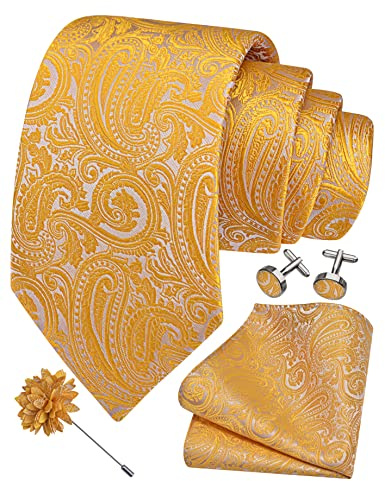 Gusleson Mens Yellow Tie and Lapel Pin Silk Paisley Necktie Hankerchief Cufflinks Set for Wedding (UK6103-12)