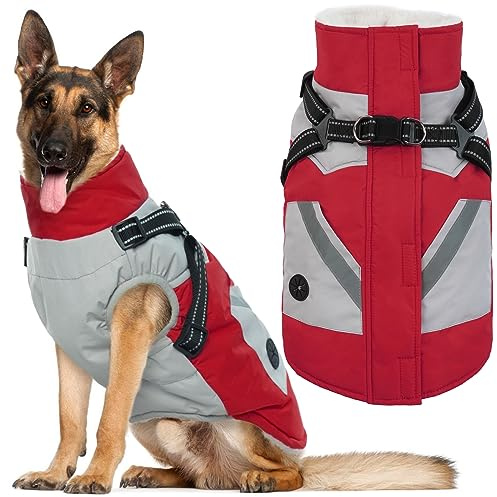 Dog Coat for Large Dogs Waterproof Dog Winter Jacket with Harness Built in