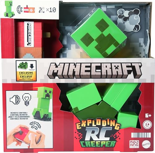 Mattel Minecraft - Creeper RC Esplosivo, personaggio radiocomandato del videogioco con controller e design pixelato, luci, suoni e 10 particelle esplosive, giocattolo per bambini, 6+ anni, HRR48
