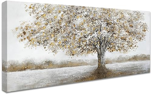 Marco de Madera Grandes Cuadros Decoracion Salon Modernos Lienzo Decorativos Flor Blanca Hojas Doradas Árbol Pintura Imagen Foto Cuadros Decorativos Salon Comedor Dormitorio Decoracion Pared 50x120cm